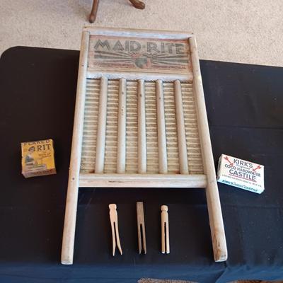 MAID-RITE GALVANIZED WASHBOARD, OLD SOAP AND CLOTHES PINS