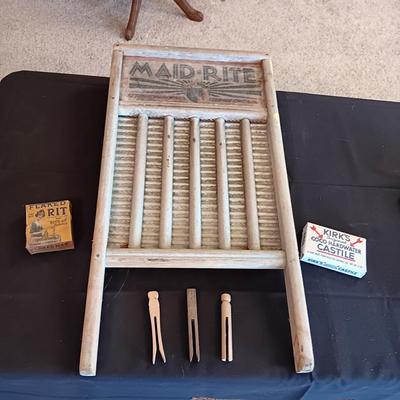 MAID-RITE GALVANIZED WASHBOARD, OLD SOAP AND CLOTHES PINS