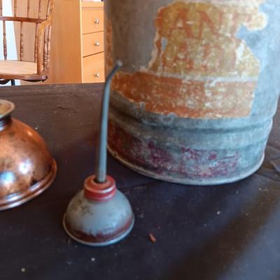 A GALVANIZED GAS CAN AND 2 OIL CANS