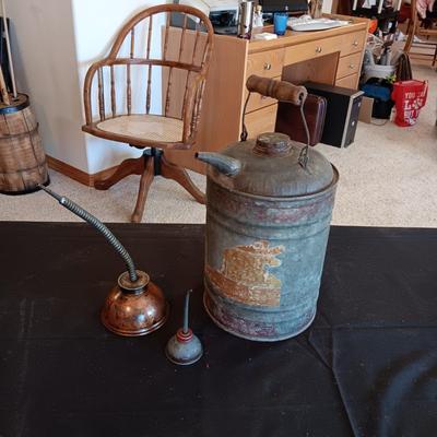 A GALVANIZED GAS CAN AND 2 OIL CANS