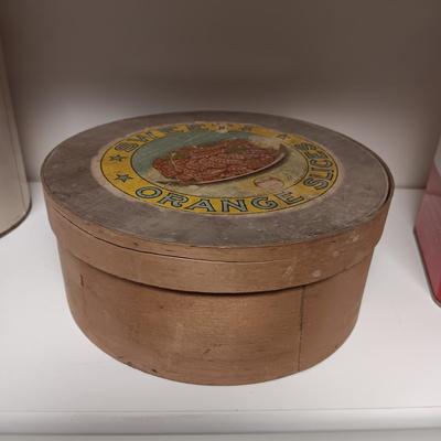 LARGE OLD TINS AND A WOODEN ROUND CONTAINER