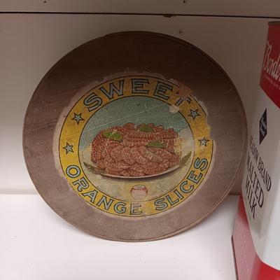 LARGE OLD TINS AND A WOODEN ROUND CONTAINER