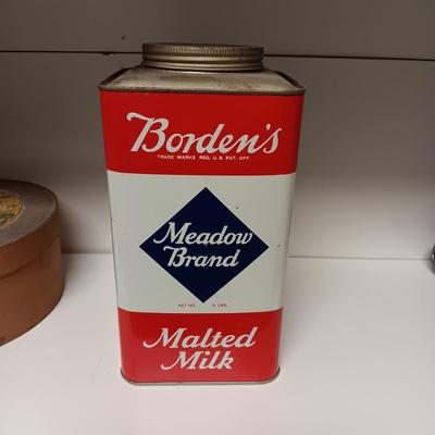 LARGE OLD TINS AND A WOODEN ROUND CONTAINER