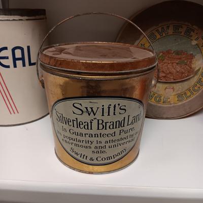 LARGE OLD TINS AND A WOODEN ROUND CONTAINER