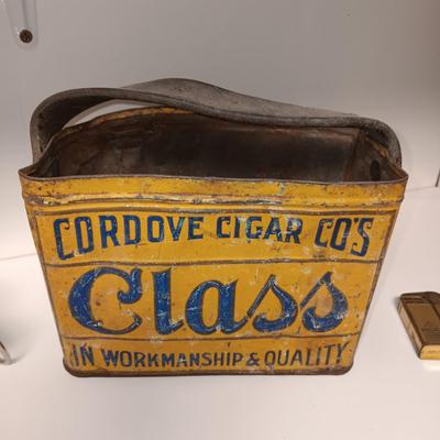 METAL CIGAR BOX, ASHTRAY AND OLD LIGHTERS