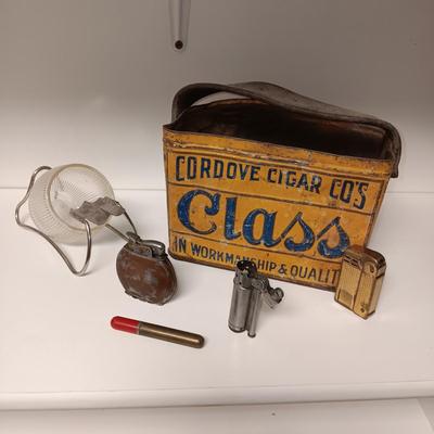 METAL CIGAR BOX, ASHTRAY AND OLD LIGHTERS