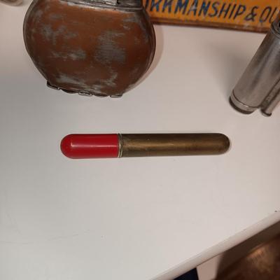 METAL CIGAR BOX, ASHTRAY AND OLD LIGHTERS