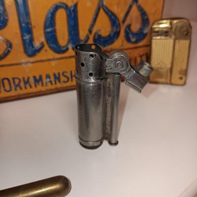 METAL CIGAR BOX, ASHTRAY AND OLD LIGHTERS