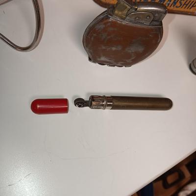 METAL CIGAR BOX, ASHTRAY AND OLD LIGHTERS