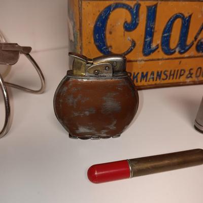 METAL CIGAR BOX, ASHTRAY AND OLD LIGHTERS