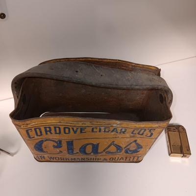 METAL CIGAR BOX, ASHTRAY AND OLD LIGHTERS