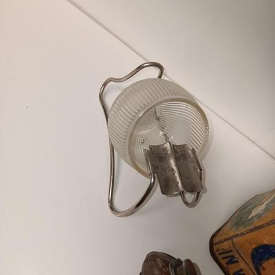 METAL CIGAR BOX, ASHTRAY AND OLD LIGHTERS