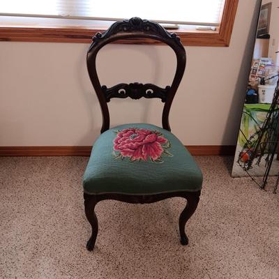 HAND CARVED CHAIR WITH NEEDLEPOINT SEAT