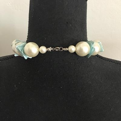 Chunky faux, pearl blue triangle shell statement, necklace