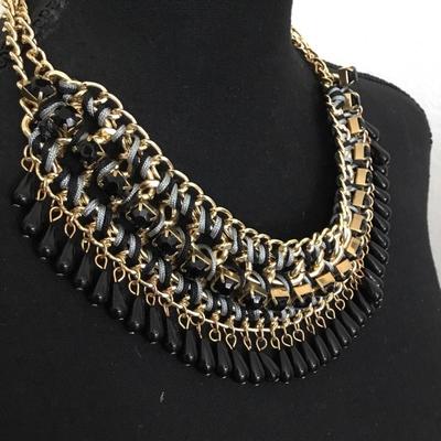 Beautiful, gold, toned, black, rhinestone statement, necklace