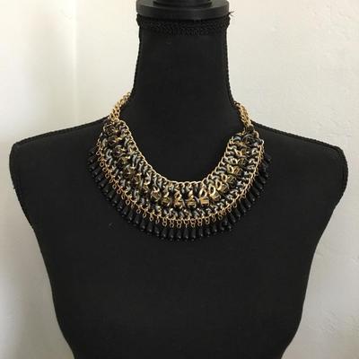 Beautiful, gold, toned, black, rhinestone statement, necklace
