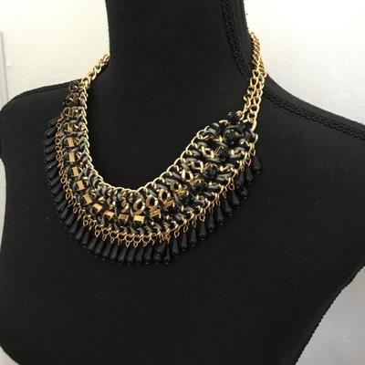 Beautiful, gold, toned, black, rhinestone statement, necklace