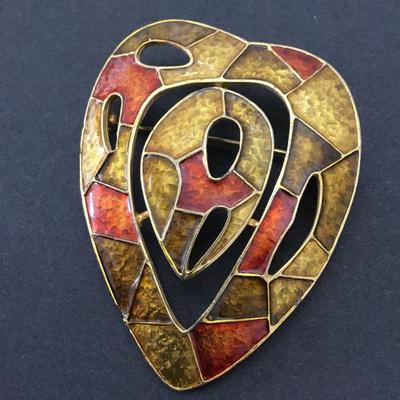 Enamel Cloisonné brooch abstract, orange, green, yellow heart, brooch/pin