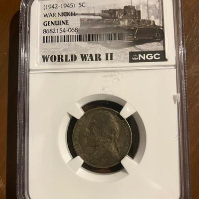 1943-P Jefferson War Nickel - NGC Genuine - WWII Silver 5¢ in Thematic Tank Holder