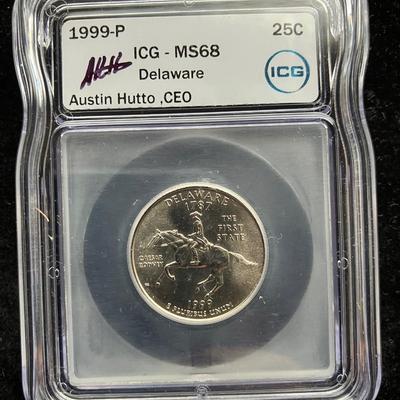 1999-P Delaware State Quarter - ICG MS68 - Austin Hutto CEO Signature Slab - Superb Gem First State Quarter!