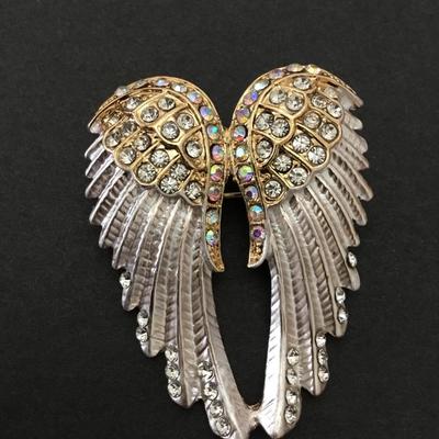 Beautiful, gold and silver, toned rhinestone Angel, wings, brooch