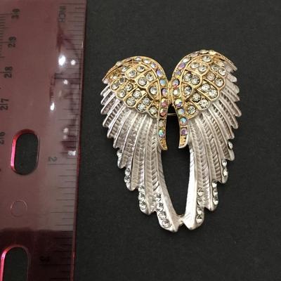 Beautiful, gold and silver, toned rhinestone Angel, wings, brooch