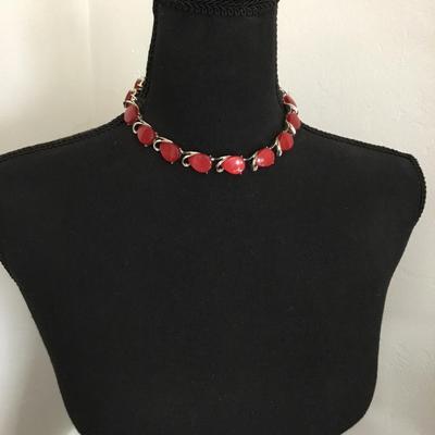 Vintage, silver, toned, cranberry thermal set necklace