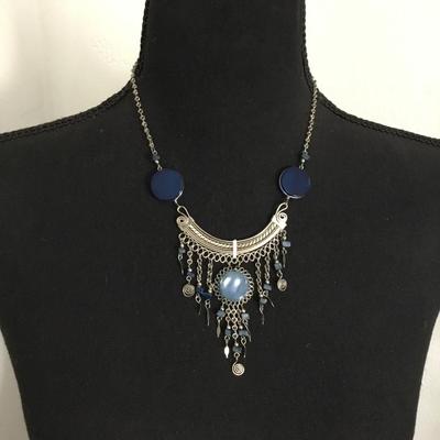 Beautiful, silver toned, blue glass, ethnic statement, necklace