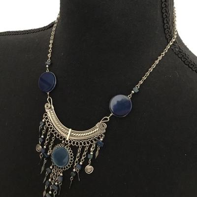 Beautiful, silver toned, blue glass, ethnic statement, necklace