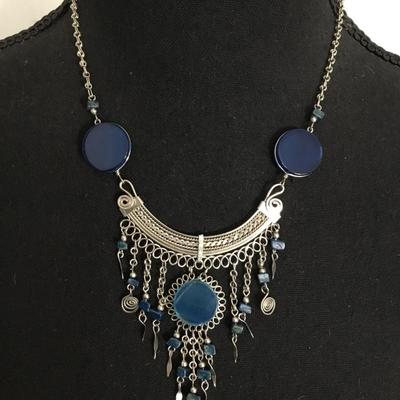 Beautiful, silver toned, blue glass, ethnic statement, necklace