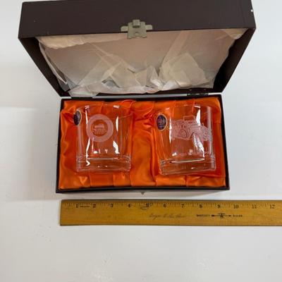 Sale Photo Thumbnail #441: vintage Thomas Webb or Webb Continental Rolls-Royce owner's club commemorative whiskey glasses (rocks glasses. They feature etched or engraved illustrations of vintage Rolls-Royce cars and come in a presentation box with an orange satin lining.