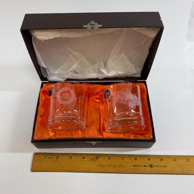 Sale Photo Thumbnail #443: vintage Thomas Webb or Webb Continental Rolls-Royce owner's club commemorative whiskey glasses (rocks glasses. They feature etched or engraved illustrations of vintage Rolls-Royce cars and come in a presentation box with an orange satin lining.