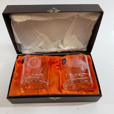 Sale Photo Thumbnail #440: vintage Thomas Webb or Webb Continental Rolls-Royce owner's club commemorative whiskey glasses (rocks glasses. They feature etched or engraved illustrations of vintage Rolls-Royce cars and come in a presentation box with an orange satin lining.