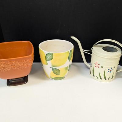 Metal Hand Painted Watering Can & Ceramic Vases
