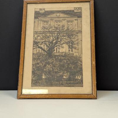 Vintage Detailed Architecture Landscape Drawing Signed Approx 15" x 10 3/4"
