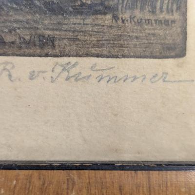 Vintage Detailed Architecture Landscape Drawing Signed Approx 15" x 10 3/4"