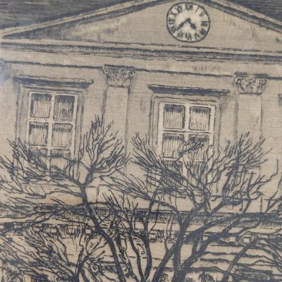 Vintage Detailed Architecture Landscape Drawing Signed Approx 15" x 10 3/4"