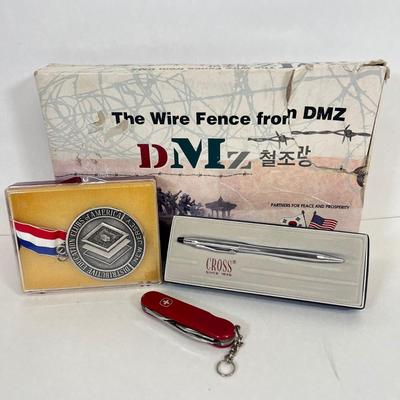 LOT 33: Commemorative Framed Korean War Wire Fence Piece, Swiss Army Knife and More