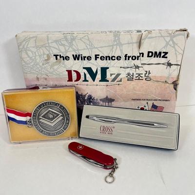 LOT 33: Commemorative Framed Korean War Wire Fence Piece, Swiss Army Knife and More