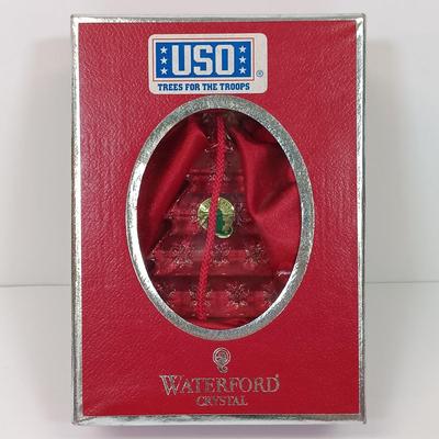 LOT 43: Waterford Happy Anniversary Stem Vase and USO Tree Ornament with Gorham Crystal Ornaments & Mikasa Tea Light Holders
