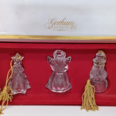 LOT 43: Waterford Happy Anniversary Stem Vase and USO Tree Ornament with Gorham Crystal Ornaments & Mikasa Tea Light Holders