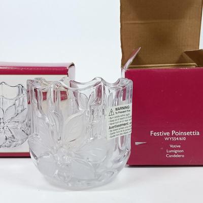 LOT 43: Waterford Happy Anniversary Stem Vase and USO Tree Ornament with Gorham Crystal Ornaments & Mikasa Tea Light Holders