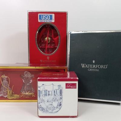 LOT 43: Waterford Happy Anniversary Stem Vase and USO Tree Ornament with Gorham Crystal Ornaments & Mikasa Tea Light Holders
