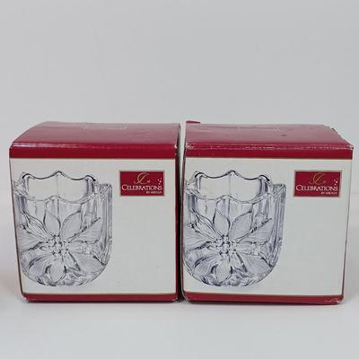 LOT 43: Waterford Happy Anniversary Stem Vase and USO Tree Ornament with Gorham Crystal Ornaments & Mikasa Tea Light Holders