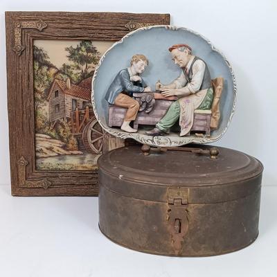 LOT 51: Artini Engraving Handpainted 4D Wall Art, Brass Box & Arnart Creation Porcelain Wall Plaque