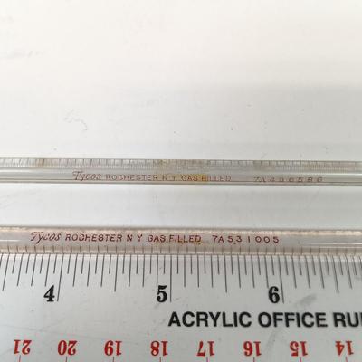 LOT 57: Vintage H-B Instrument Shoulder Immersion Glass Thermometer, Tycos Rochester Gas-Filled Glass Thermometers & Haslam Forceps