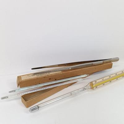 LOT 57: Vintage H-B Instrument Shoulder Immersion Glass Thermometer, Tycos Rochester Gas-Filled Glass Thermometers & Haslam Forceps