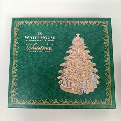 LOT 68: Large Mercury Glass Bear Ornament, Clothique Patriotic Santa Ornament, Limoges Plate & More