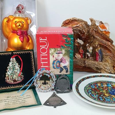 LOT 68: Large Mercury Glass Bear Ornament, Clothique Patriotic Santa Ornament, Limoges Plate & More