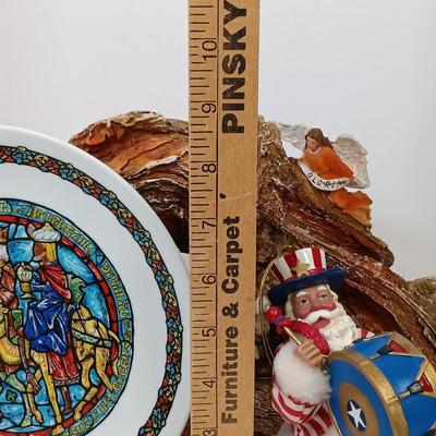 LOT 68: Large Mercury Glass Bear Ornament, Clothique Patriotic Santa Ornament, Limoges Plate & More